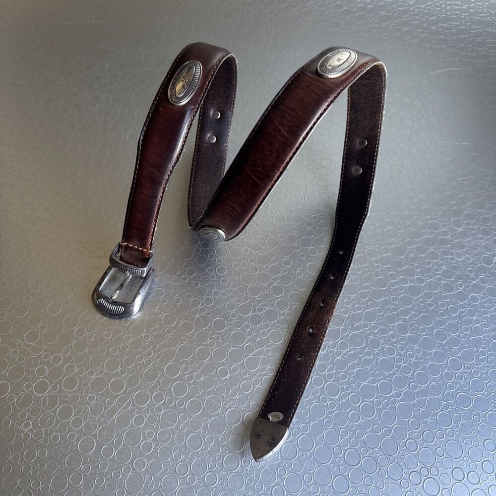 Vintage Sentry Brown Leather Concho Belt 36 3pc Buckle Set Western Tapered